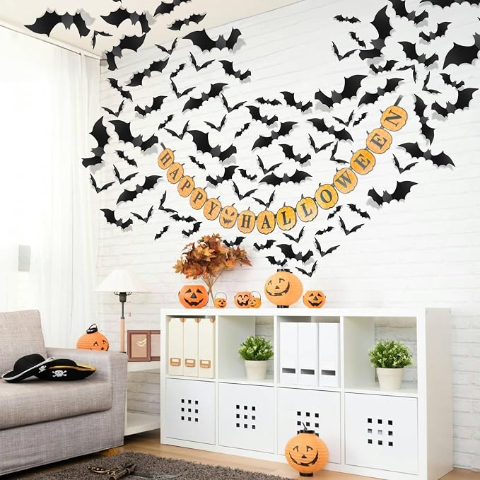 Adorable 96-Piece 3D Halloween Bat Wall Stickers