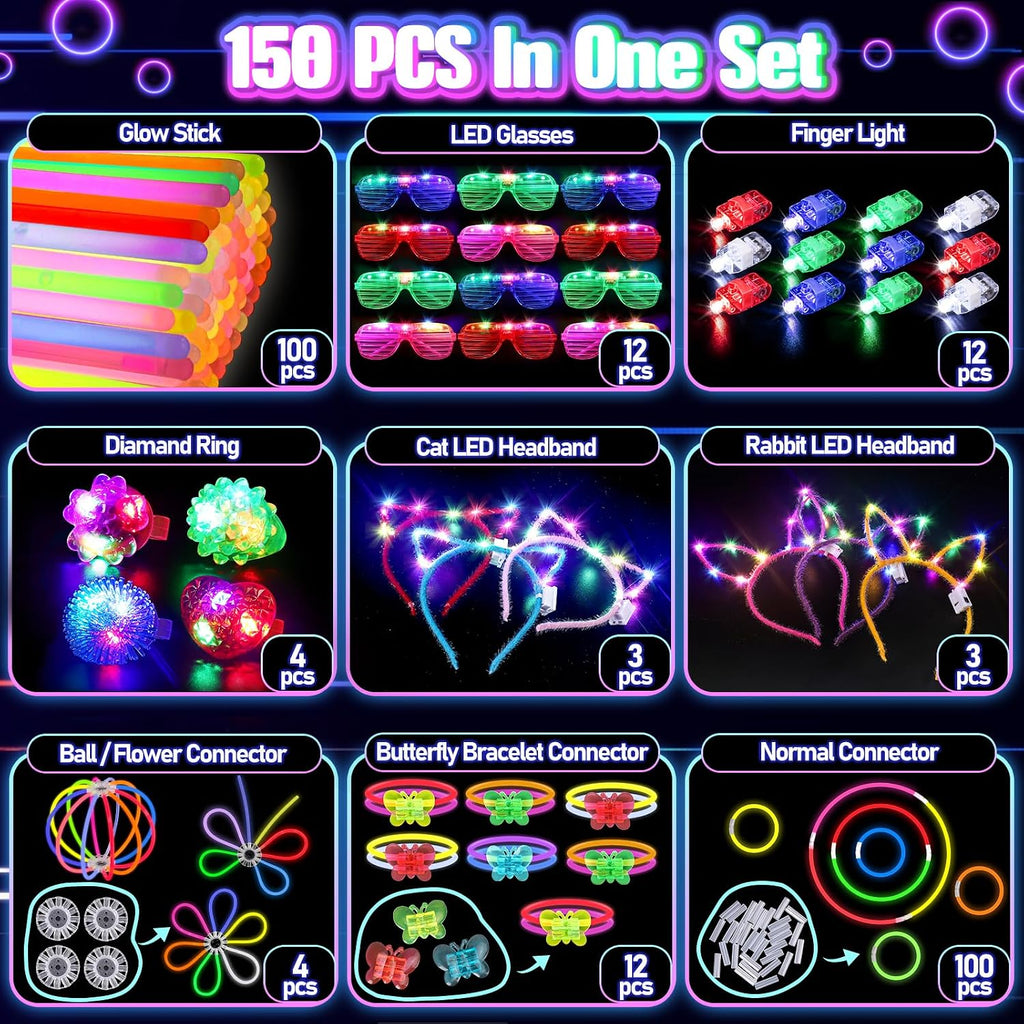 Glowing 150-Piece Glow Party Supplies Bundle