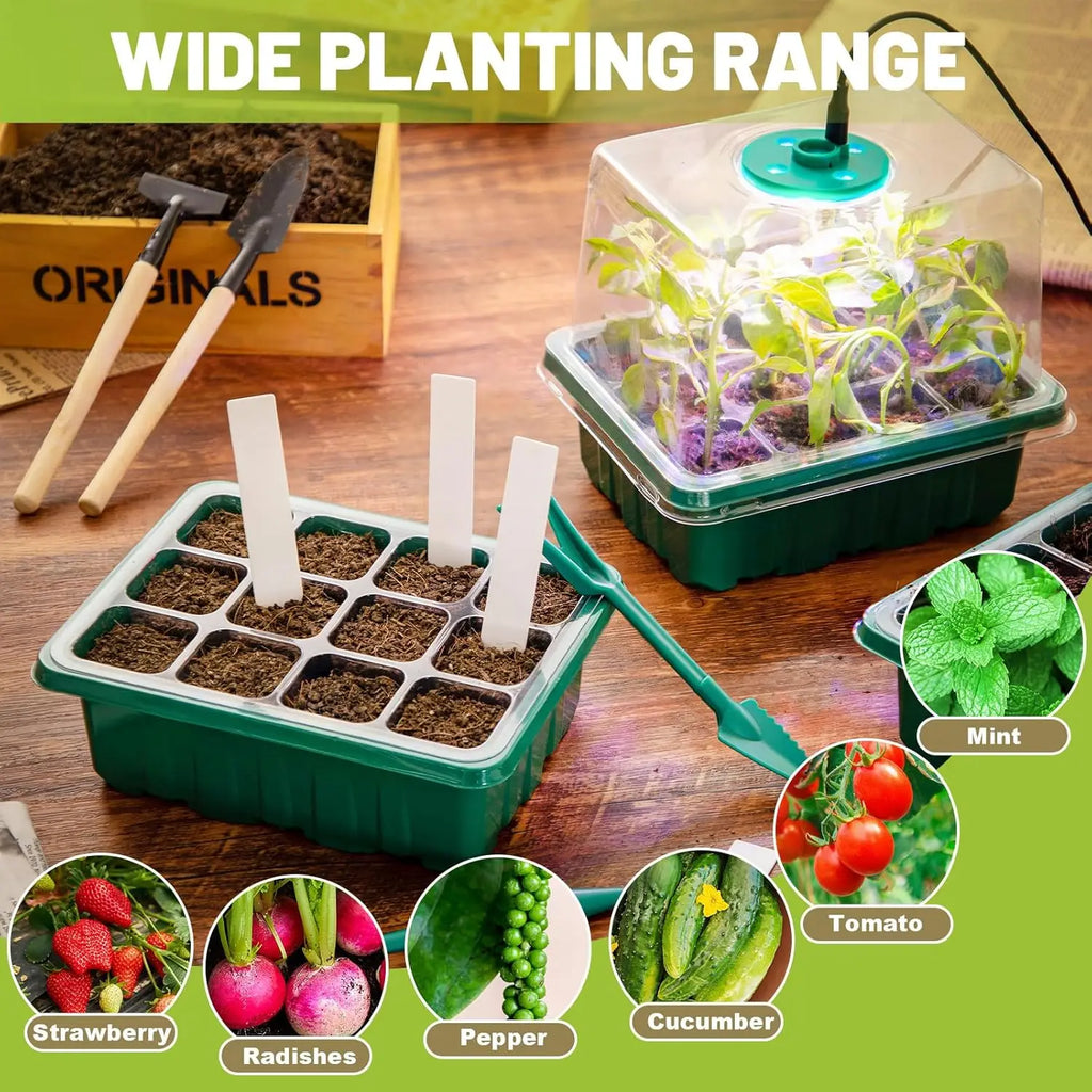 Seed Starter Tray Grow Light Humidity Dome Kit