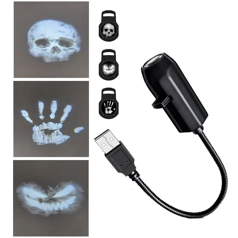 Halloween USB Projector Light Skull NightLight Ghost LED Lamp 360Degree Rotating Switchable Pattern Design Dark & Night Ambiance
