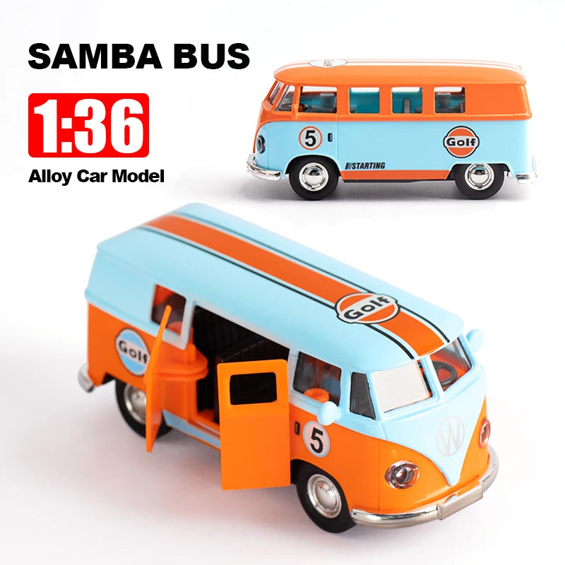 1:36 Bus Transporter Van Gulf Blue Alloy Diecast Model Volkswagen T1 Samba