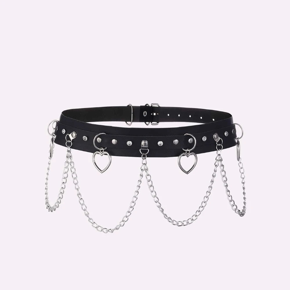 Moon Pendant Chain Fringe Goth Belt Punk Black PU Leather Belts Vintage