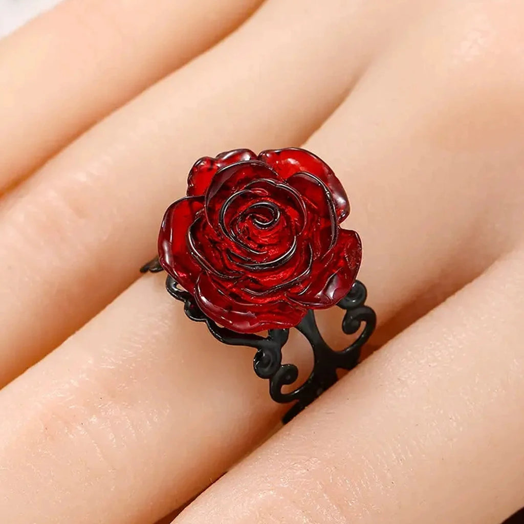 Punk Gothic Red Rose Ring Ornate Black Vine Witch