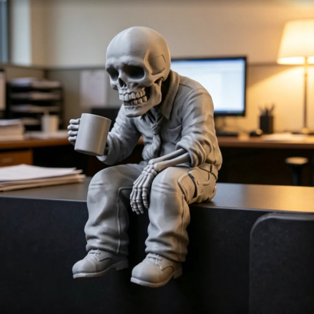 Seated Eerie Office Worker Skeleton Figurine 3D Printed Coffee Skull Desk