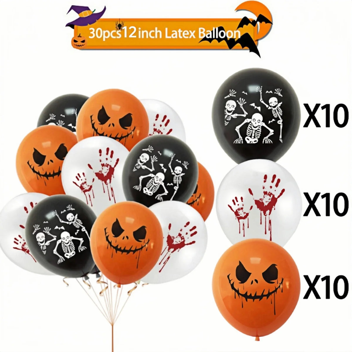 12-30pcs 12 In Latex Balloons 3 Styles Bloody Hand Skull Scary Expression Balloons