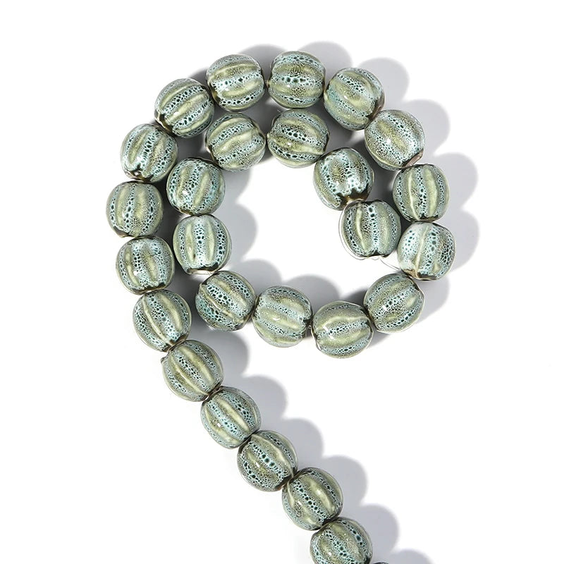 1 Strand Pumpkin Shape Stripe Ceramics Beads Colorful Floral Glaze Beads