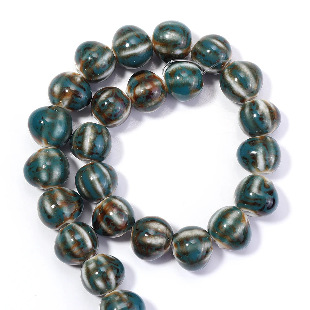 1 Strand Pumpkin Shape Stripe Ceramics Beads Colorful Floral Glaze Beads