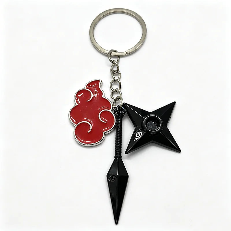Anime Ninja Red Cloud Keychain Metal Kunai Shuriken Leaf Mark Headband
