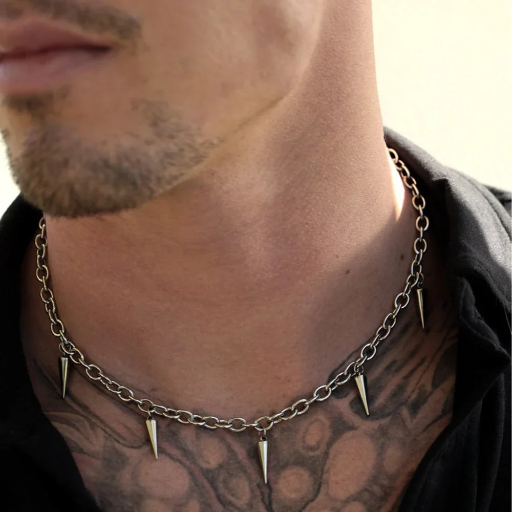 Men Punk Style Rivet Tassel Necklace Hip Hop