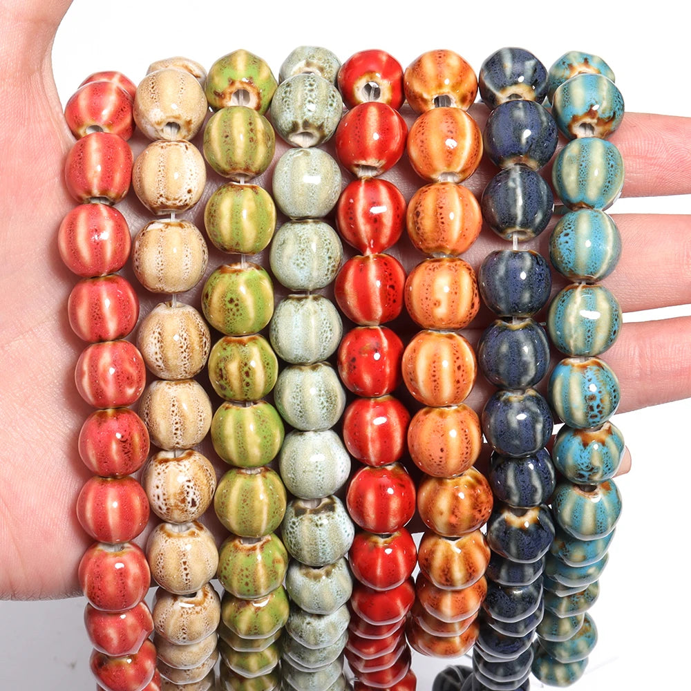1 Strand Pumpkin Shape Stripe Ceramics Beads Colorful Floral Glaze Beads