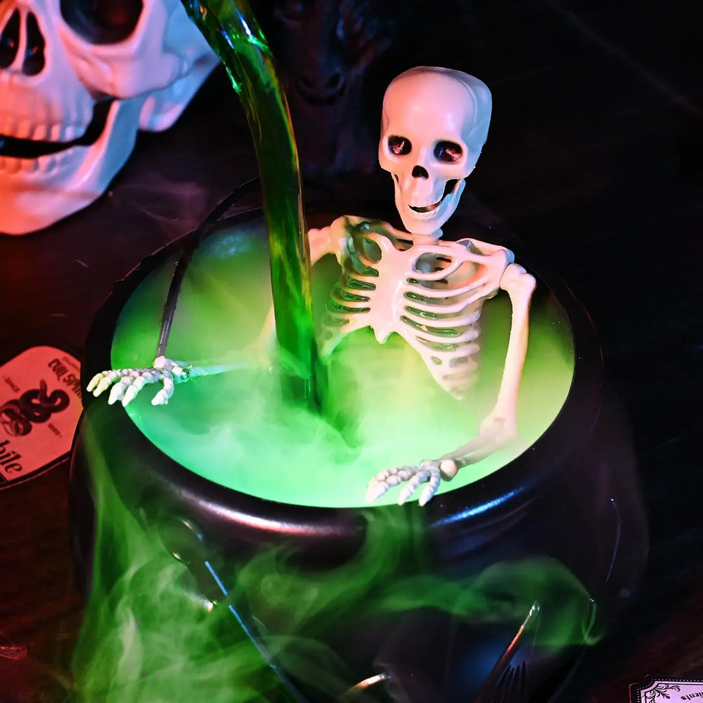 Halloween Witch Cauldron LED Light Fog Mist Maker Skeleton Decor Spooky