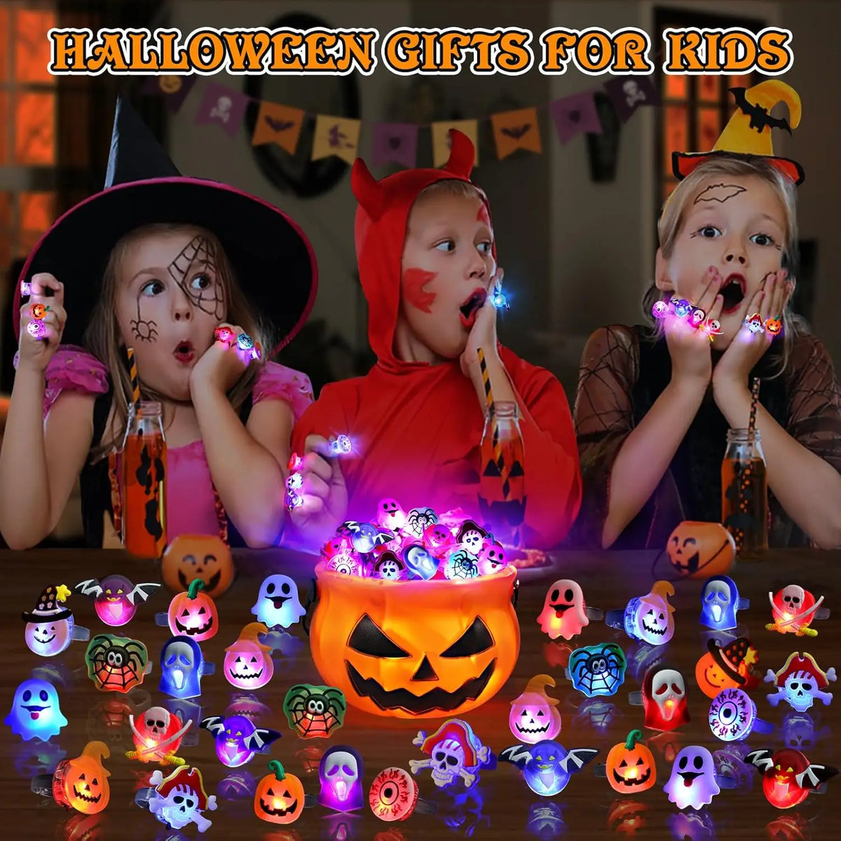 20 50pc Halloween LED Light Up Rings Toys Horror Pumpkin Ghost Spider Glow