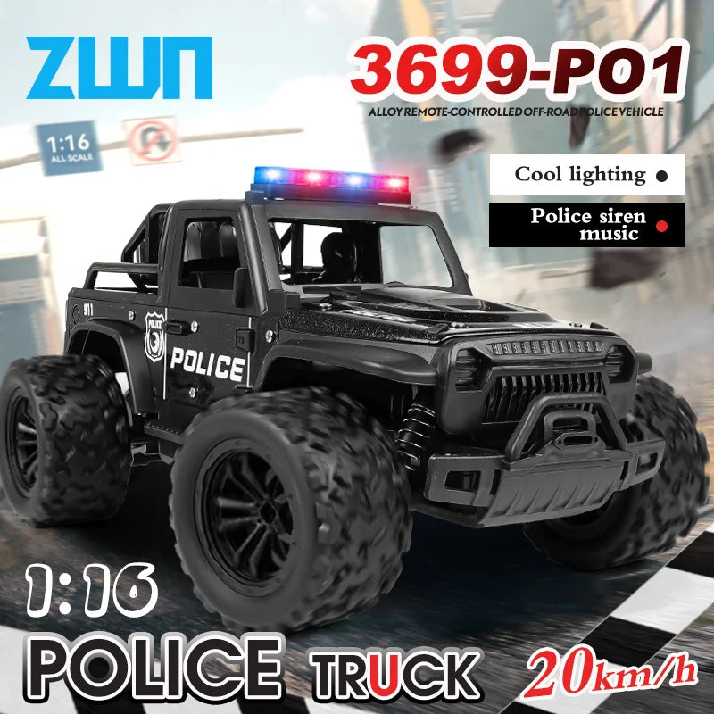 ZWN 1:16 Alloy High Speed Off-Road Police Truck RC Car Music Sound LED