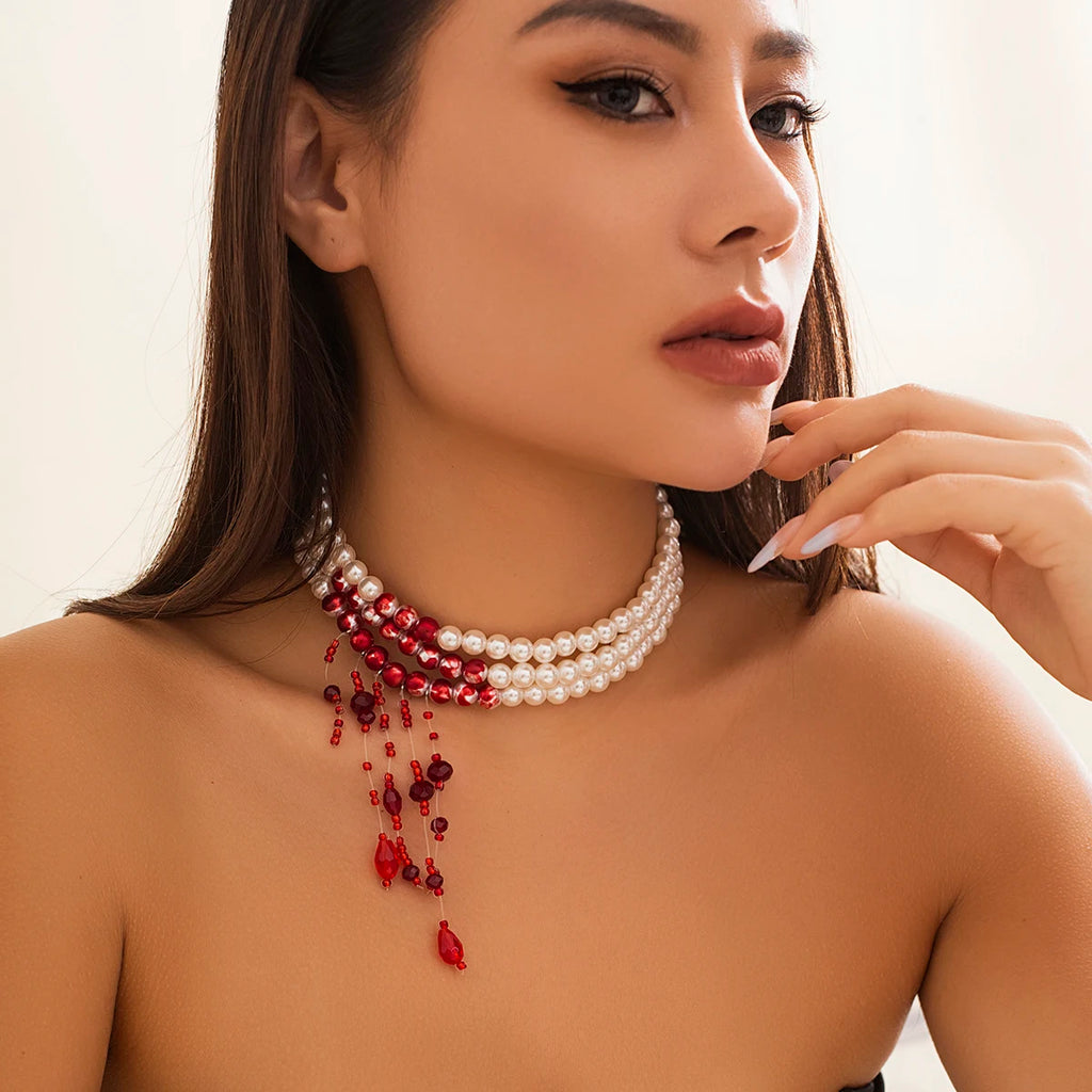 Multilayer Vintage Red Blood Pattern Tassel Necklace