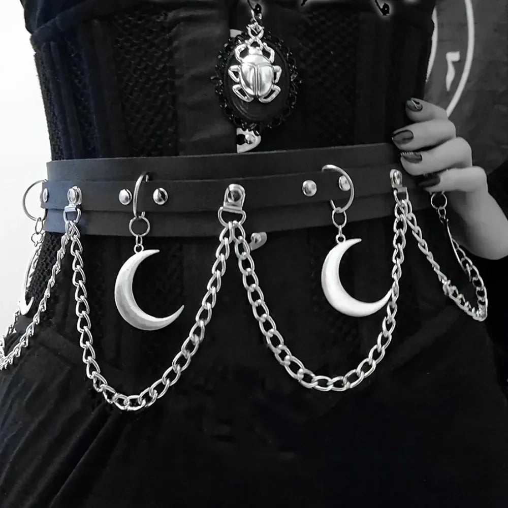 Moon Pendant Chain Fringe Goth Belt Punk Black PU Leather Belts Vintage