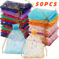 50PCS Moon Stars Drawstring Organza Bags Jewelry Gift Bags Pouches Gold
