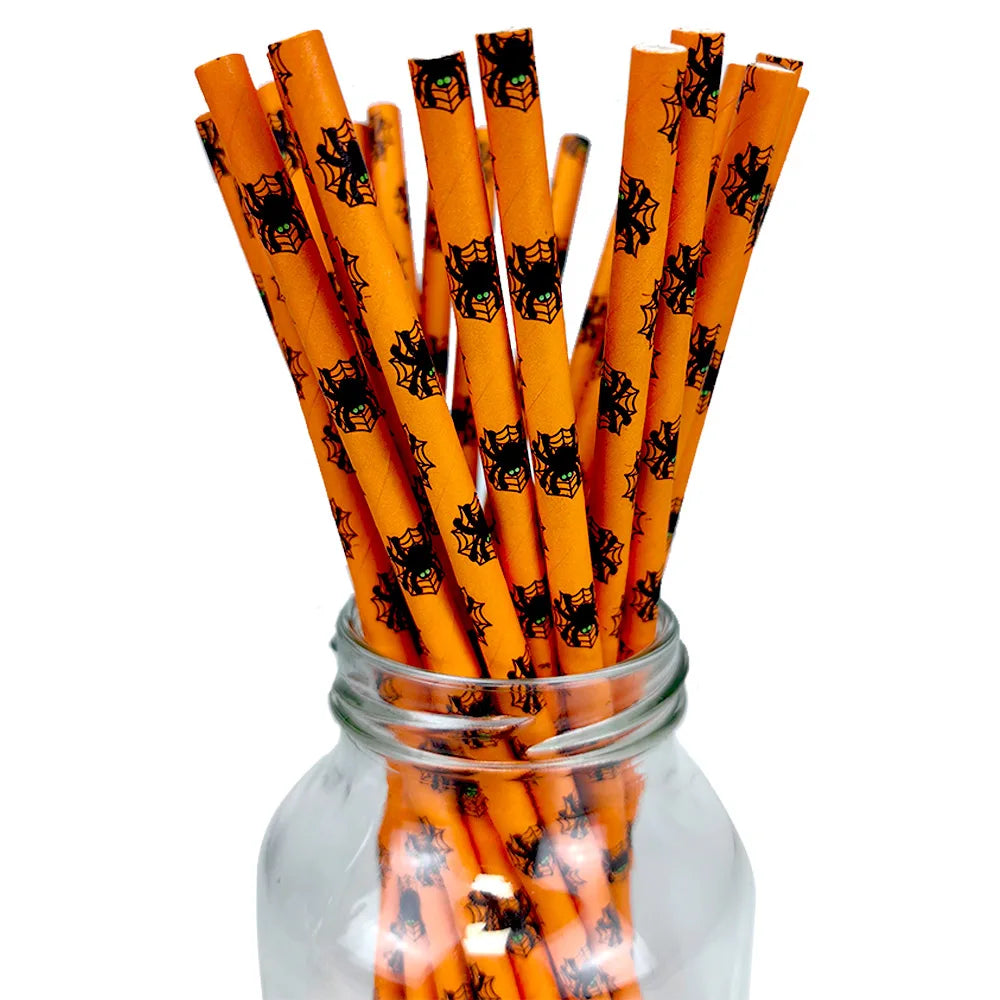 25 50 100pcs Halloween Theme Disposable Paper Straws Spider Skull Pumpkin