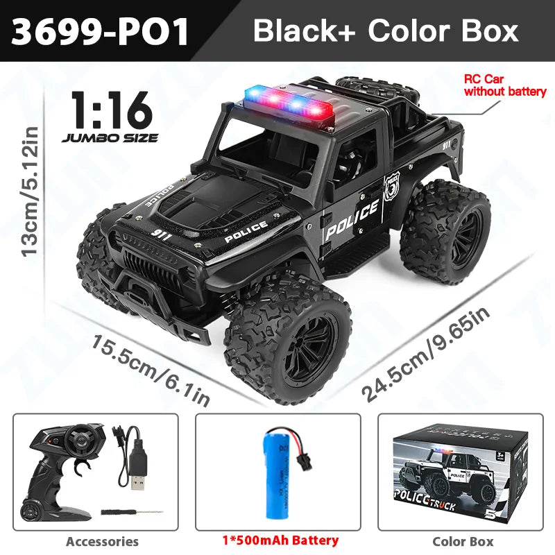 ZWN 1:16 Alloy High Speed Off-Road Police Truck RC Car Music Sound LED