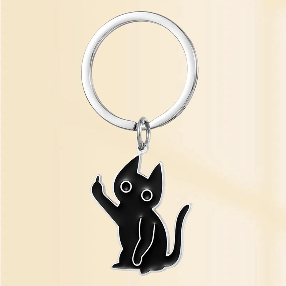 Stainless Steel Black Cat Keychain Durable Key Ring
