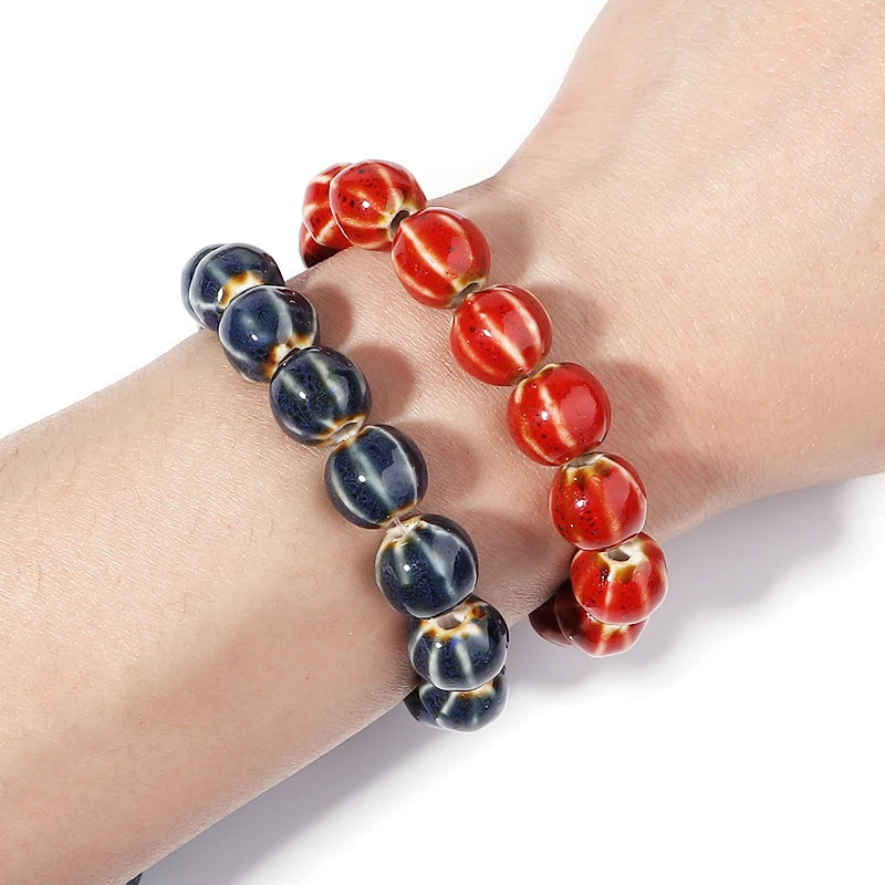 1 Strand Pumpkin Shape Stripe Ceramics Beads Colorful Floral Glaze Beads