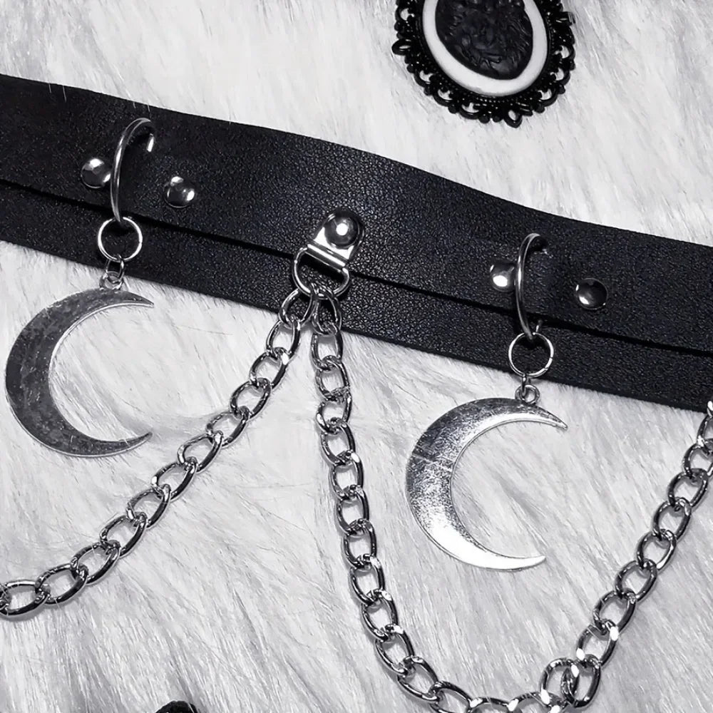 Moon Pendant Chain Fringe Goth Belt Punk Black PU Leather Belts Vintage