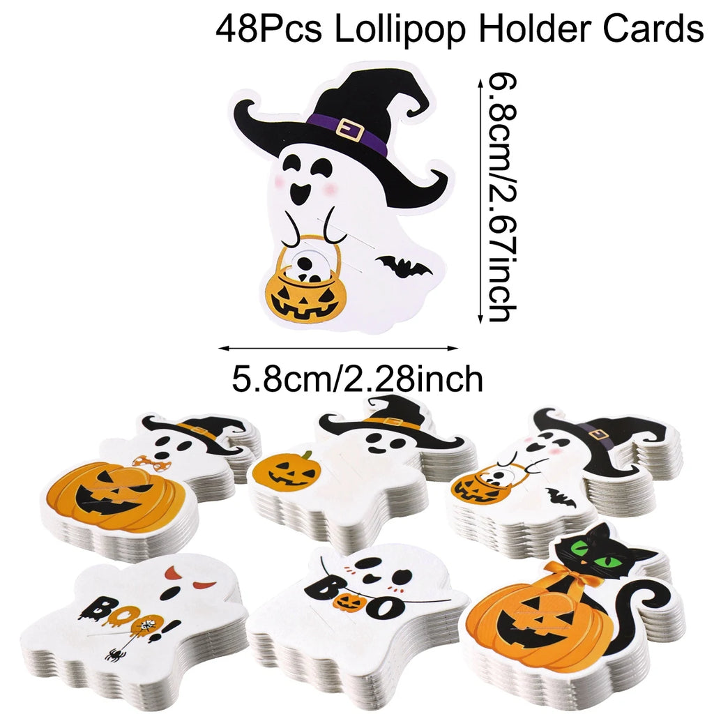 48pcs Halloween Lollipop Holder Cards Cute Pumpkin Ghost