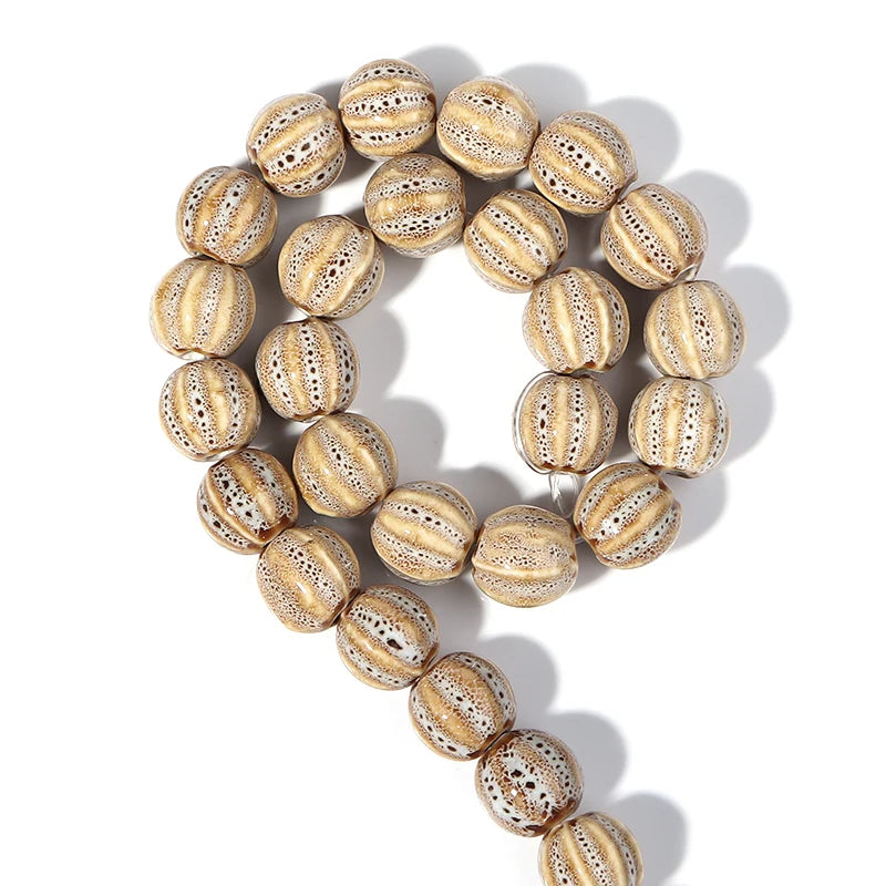 1 Strand Pumpkin Shape Stripe Ceramics Beads Colorful Floral Glaze Beads