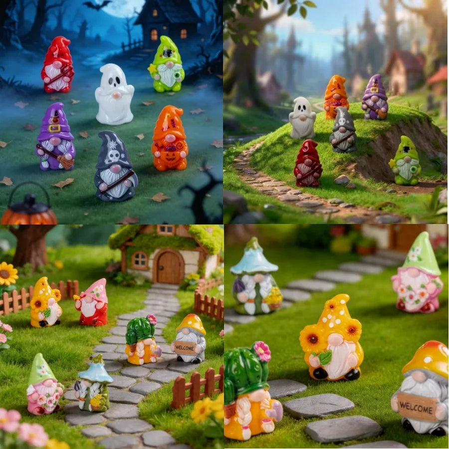 Halloween Witch Mini Dwarf Resin Figurine Gift Box Shelves Garden Bonsai Party