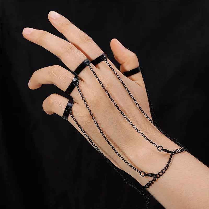 Punk Geometric Black Color Chain Wrist Bracelet Ring Women Men Open Ring