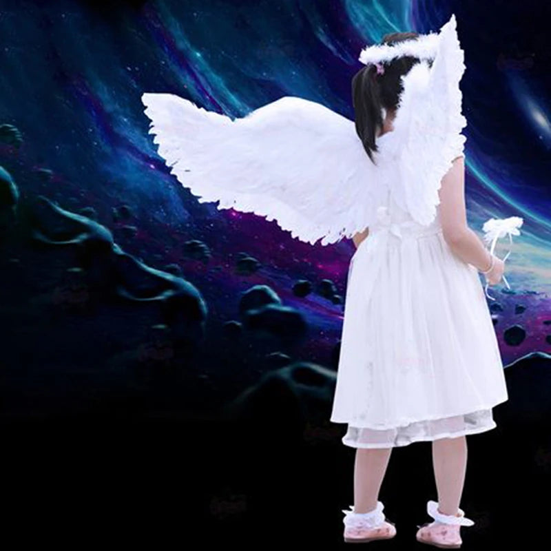 Kids Adult Party Swallow White Angel Feather Wings Halo Magic Wands Cosplay