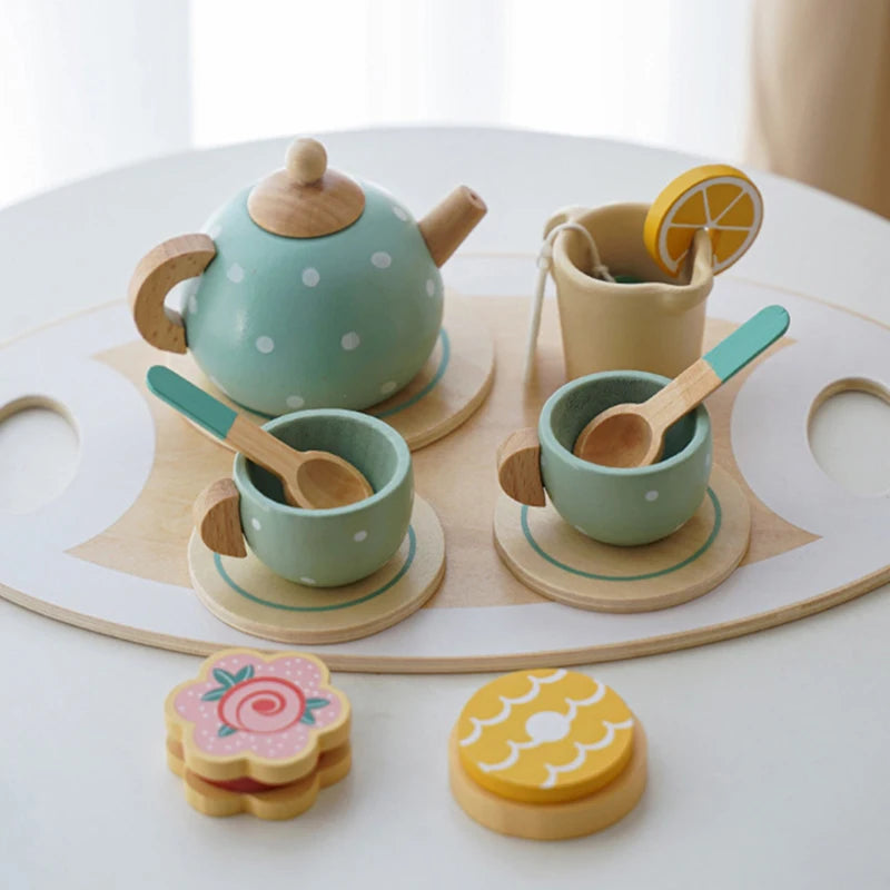 Kids Wooden Tea Set Play House Pretend Make Tea Teapot Teacup Afternoon