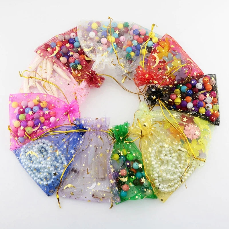 50PCS Moon Stars Drawstring Organza Bags Jewelry Gift Bags Pouches Gold