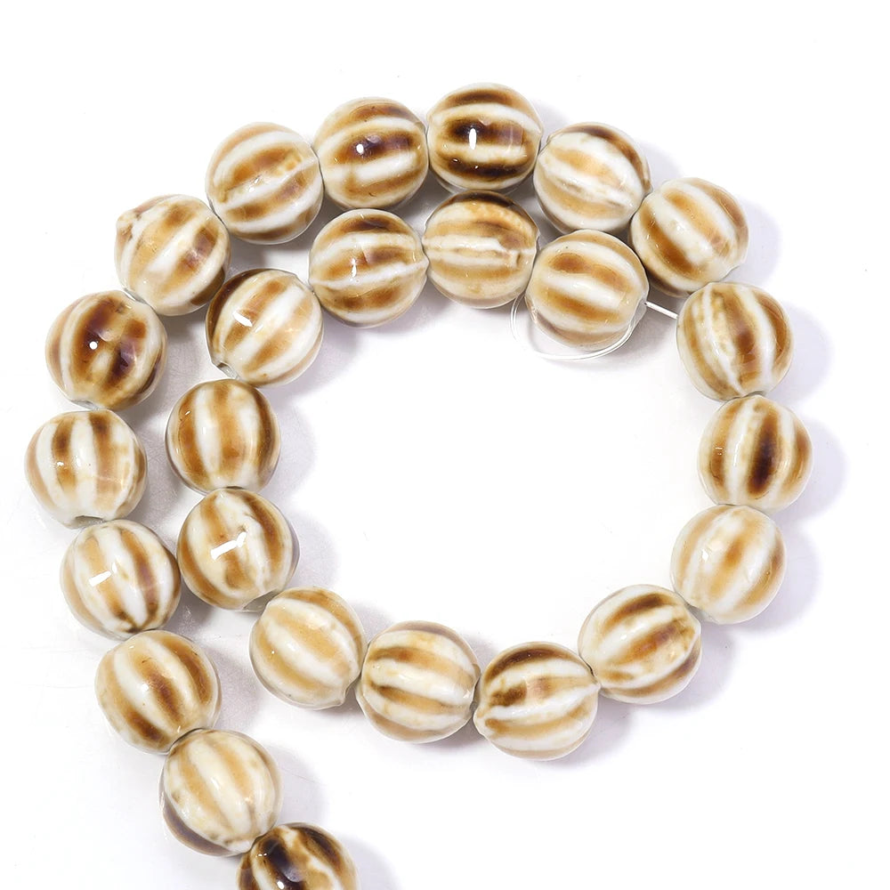 1 Strand Pumpkin Shape Stripe Ceramics Beads Colorful Floral Glaze Beads