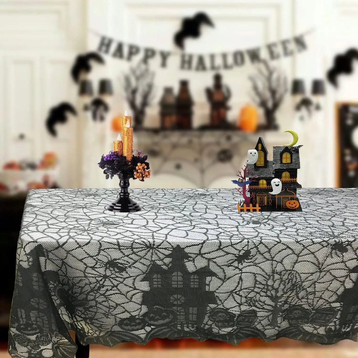 Halloween Lace Table Runner Black Spider Web Tablecloth