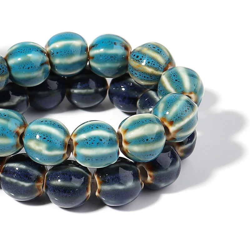 1 Strand Pumpkin Shape Stripe Ceramics Beads Colorful Floral Glaze Beads