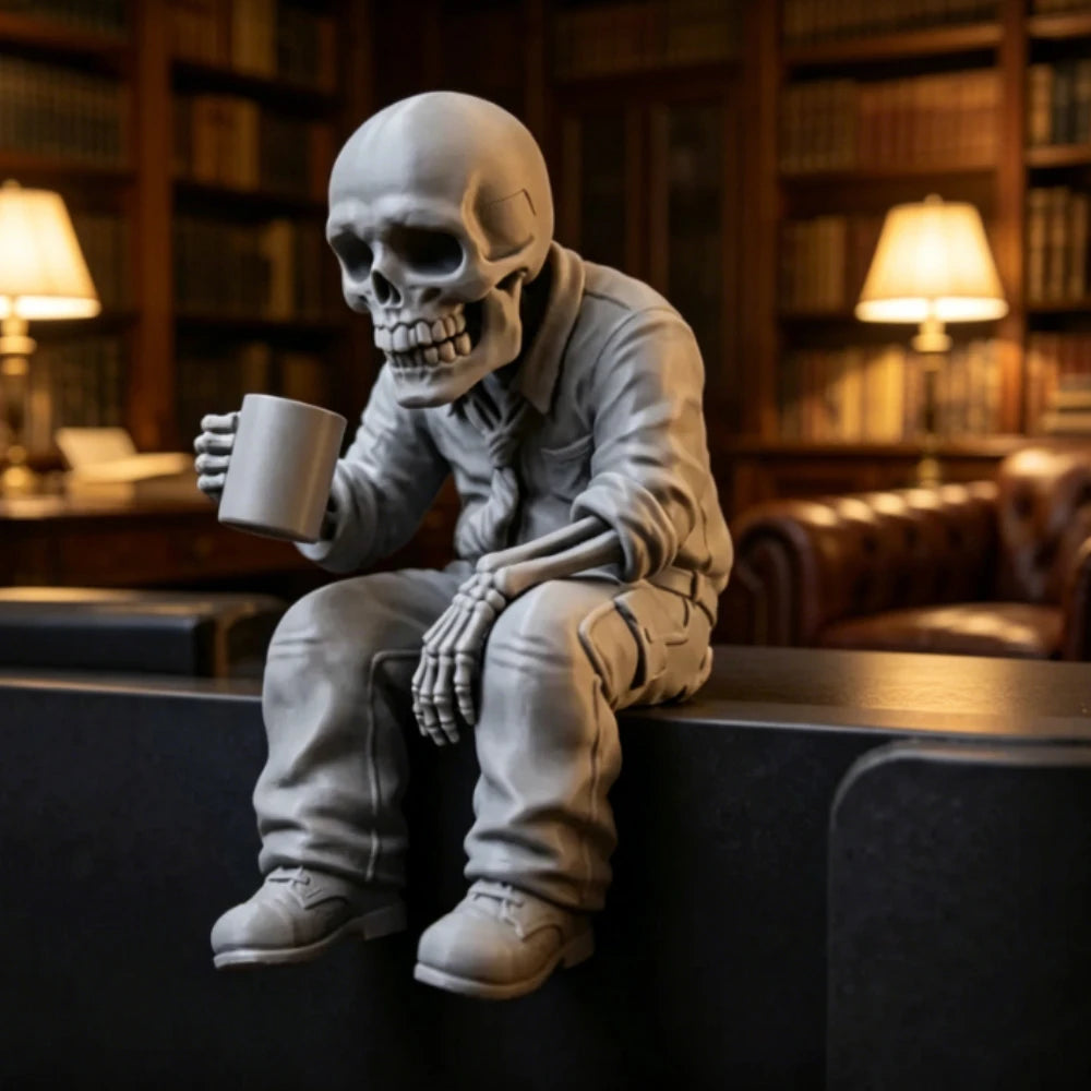 Seated Eerie Office Worker Skeleton Figurine 3D Printed Coffee Skull Desk
