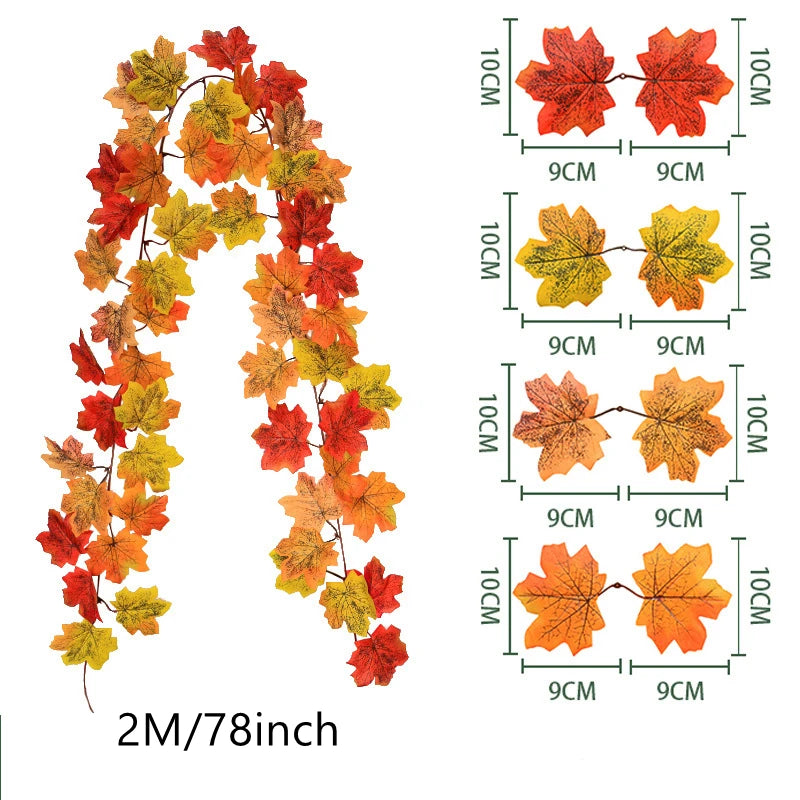 200CM Autumn Artificial Maple Leaf Wreath Fake Leaf Plant Vine Home