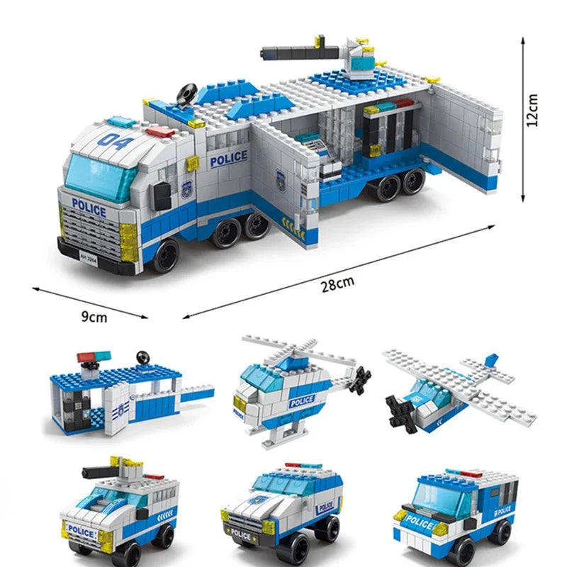 6in1 Police Sports Car Fire Engine Mini Loader Truck Plane Classic City Model