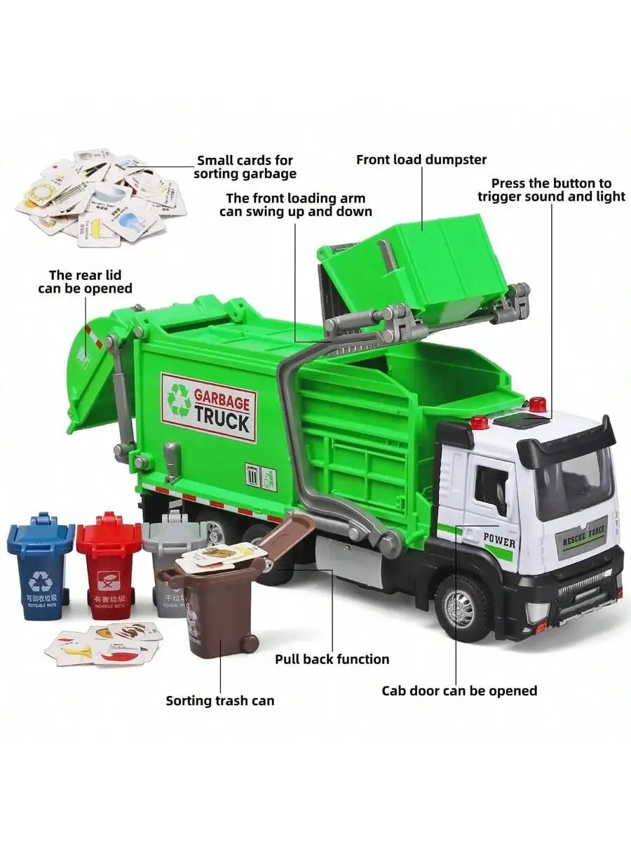 Realistic Garbage Truck Toy Set Trash Can STEM Learning Cards Interactive