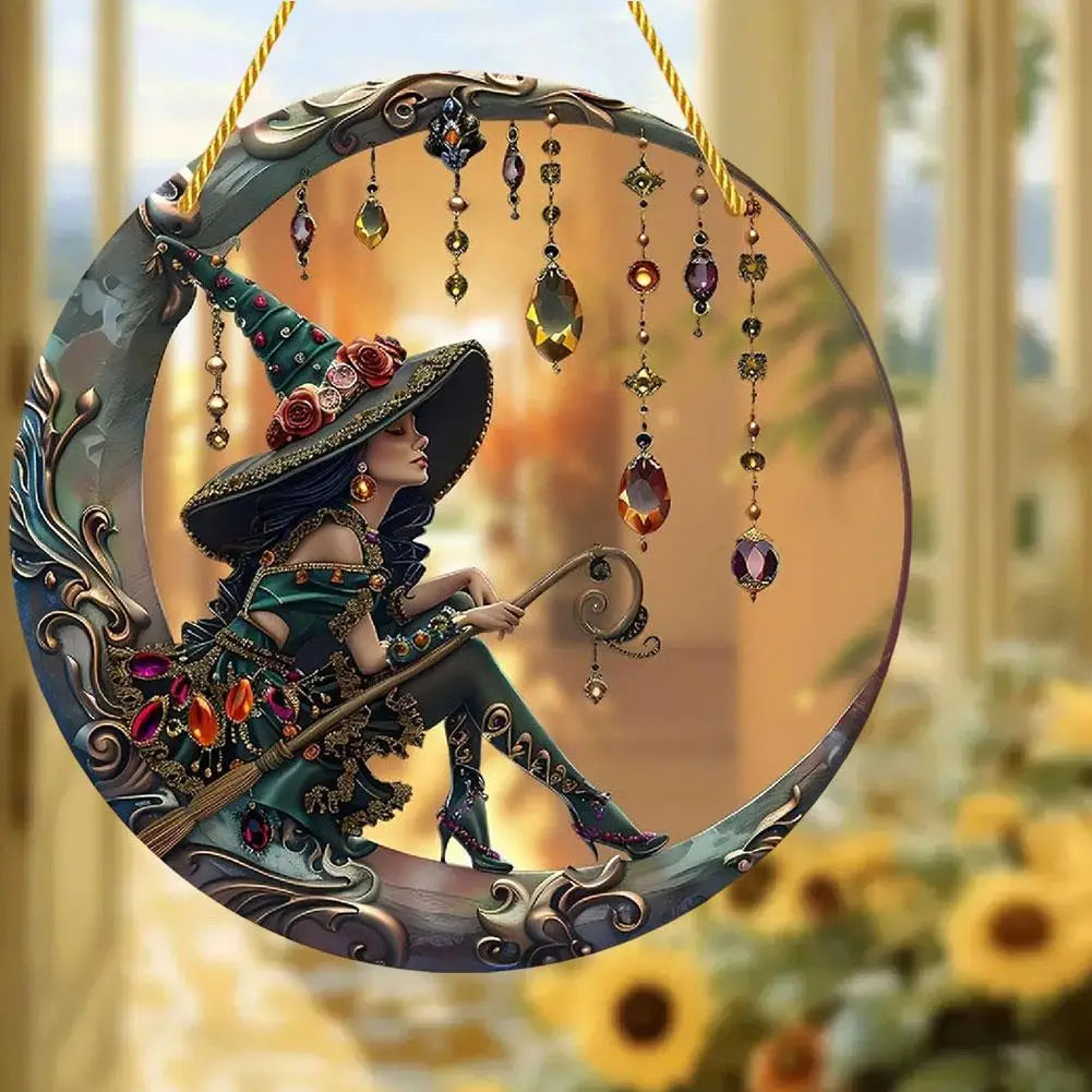 8x8 inch Charming Moonlight Witch Acrylic Stained Glass Window Hanging Sun