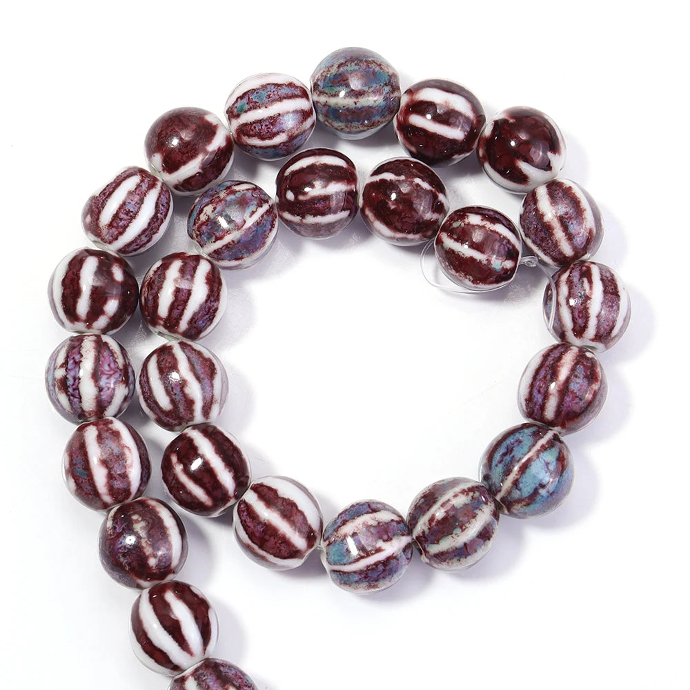 1 Strand Pumpkin Shape Stripe Ceramics Beads Colorful Floral Glaze Beads