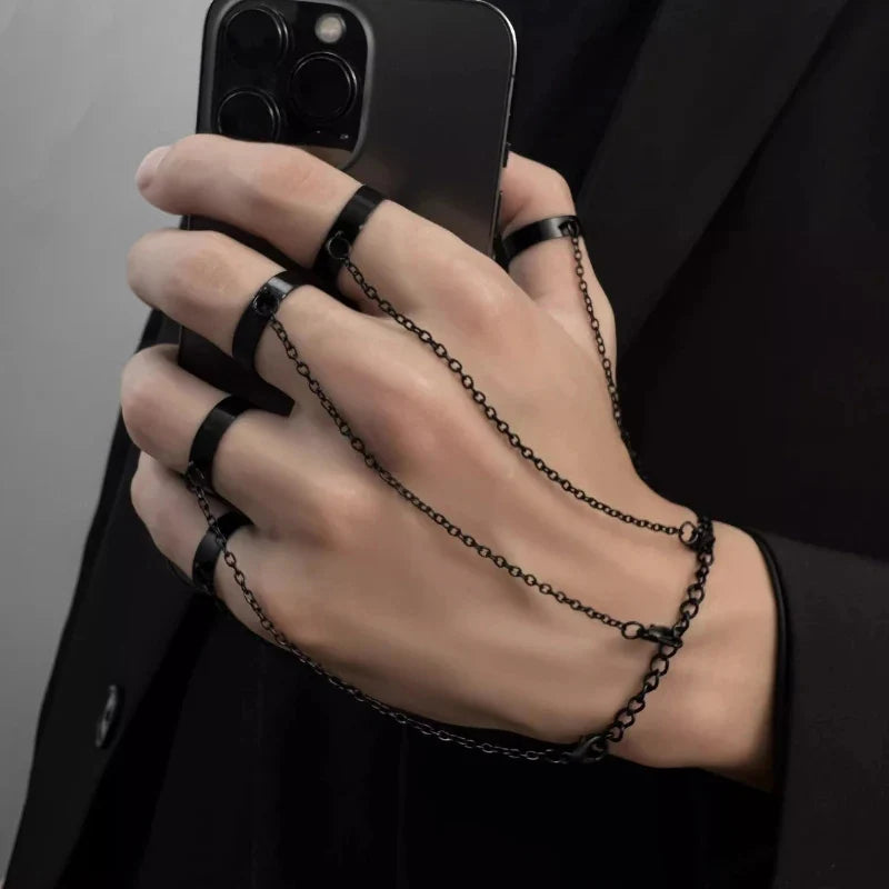 Punk Geometric Black Color Chain Wrist Bracelet Ring Women Men Open Ring