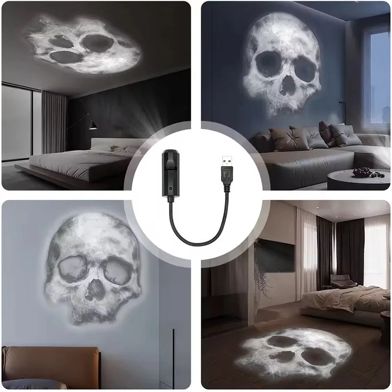 Halloween USB Projector Light Skull NightLight Ghost LED Lamp 360Degree Rotating Switchable Pattern Design Dark & Night Ambiance