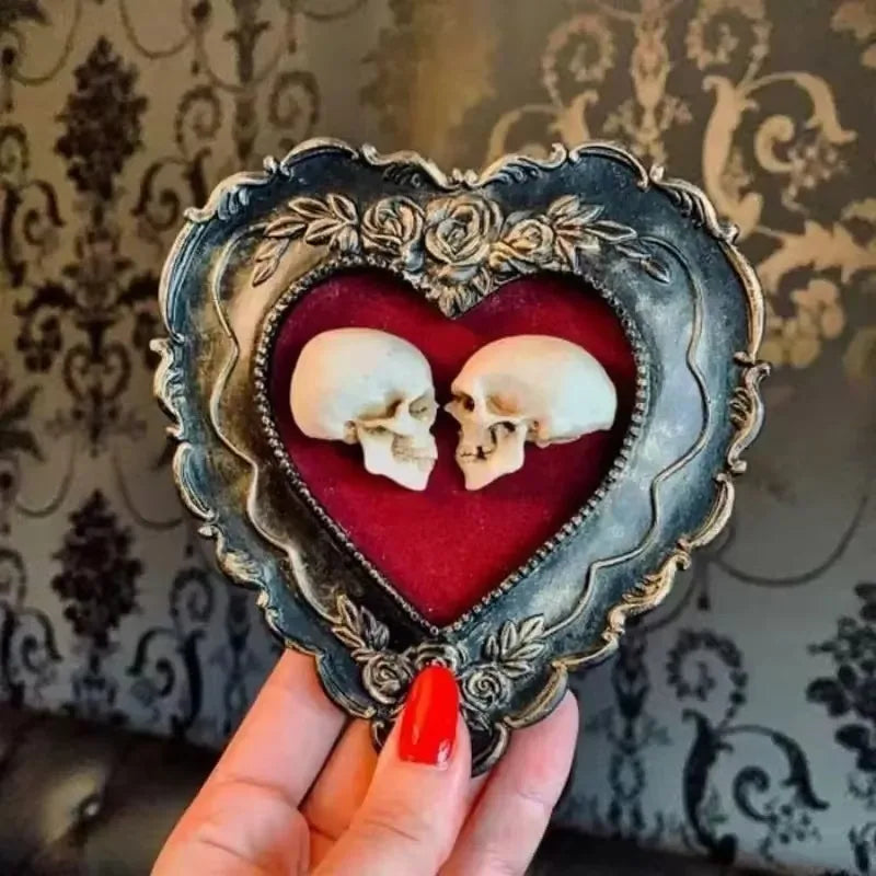 Framed Miniature Realistic Human Skulls Romantic Love Resin Skull Ornament