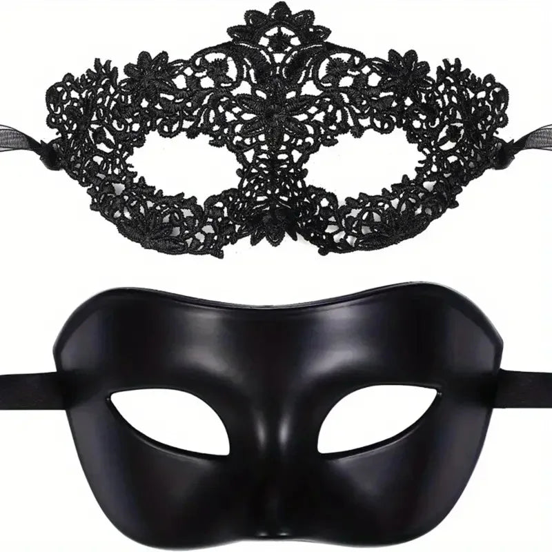 2pcs Elegant Black Lace Masquerade Mask Set Couples Venetian Party Mardi Gras