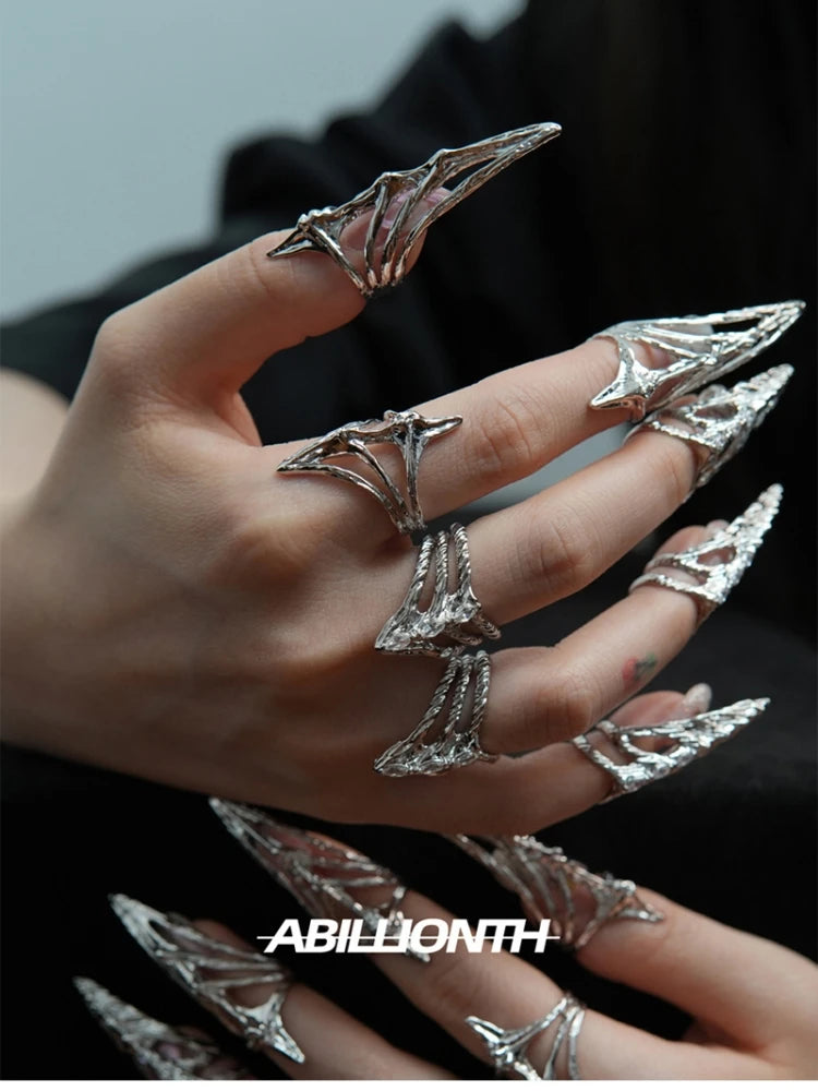 Punk Metal Nail Cover Bone Ring Gothic Rock Machinery Manicure Fingertip Ring Multilayer Finger Rings Cosplay Jewelry Set Gift