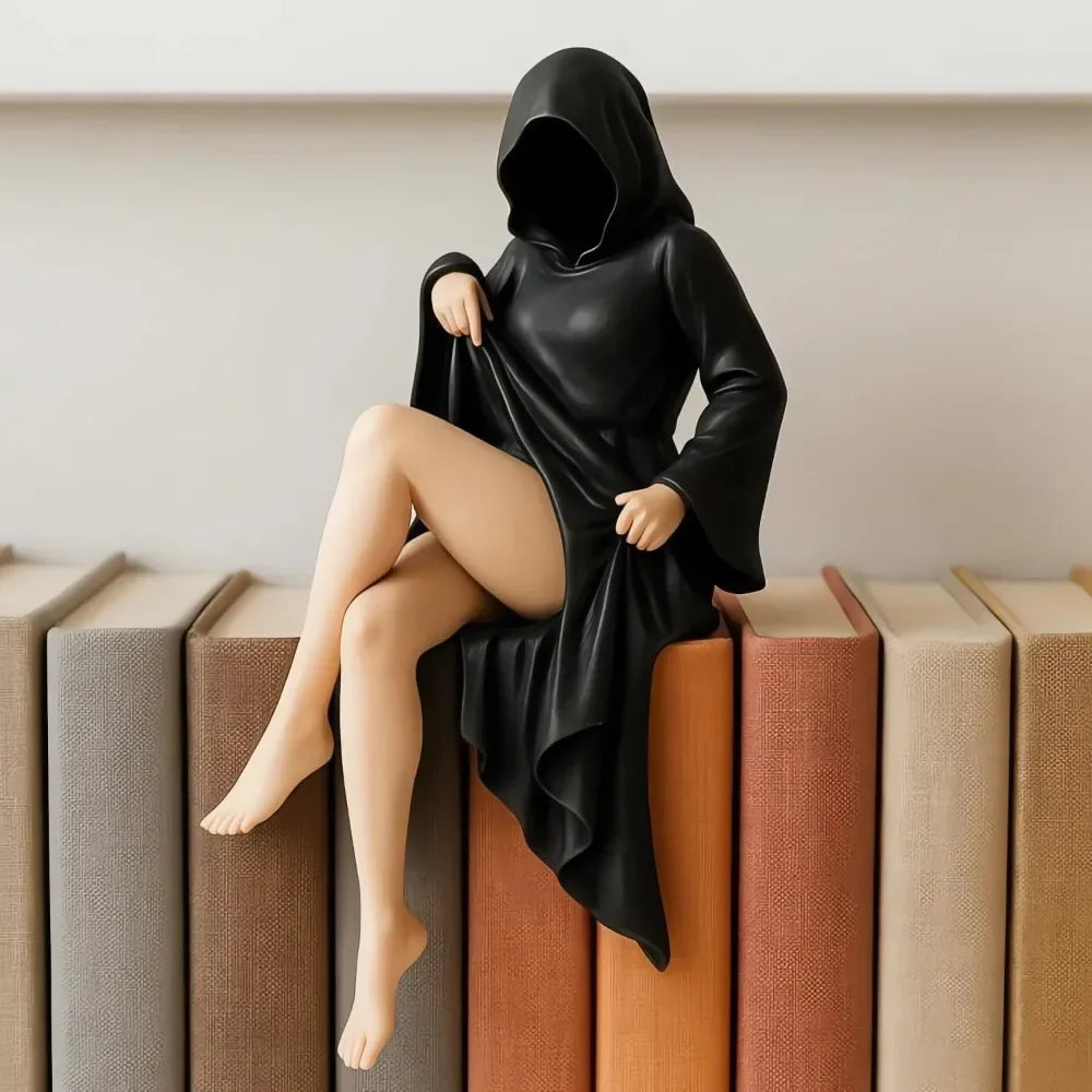 3D Mysterious Halloween Statue Gothic Black Robe Queen Figure Bookshelf Sculpture Spooky Sitting Statues Desktop Ornaments Gifts