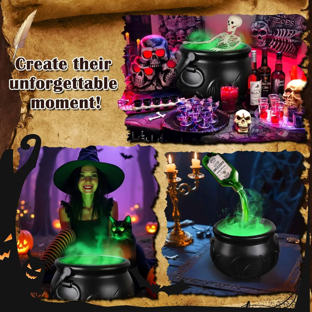 Halloween Witch Cauldron LED Light Fog Mist Maker Skeleton Decor Spooky