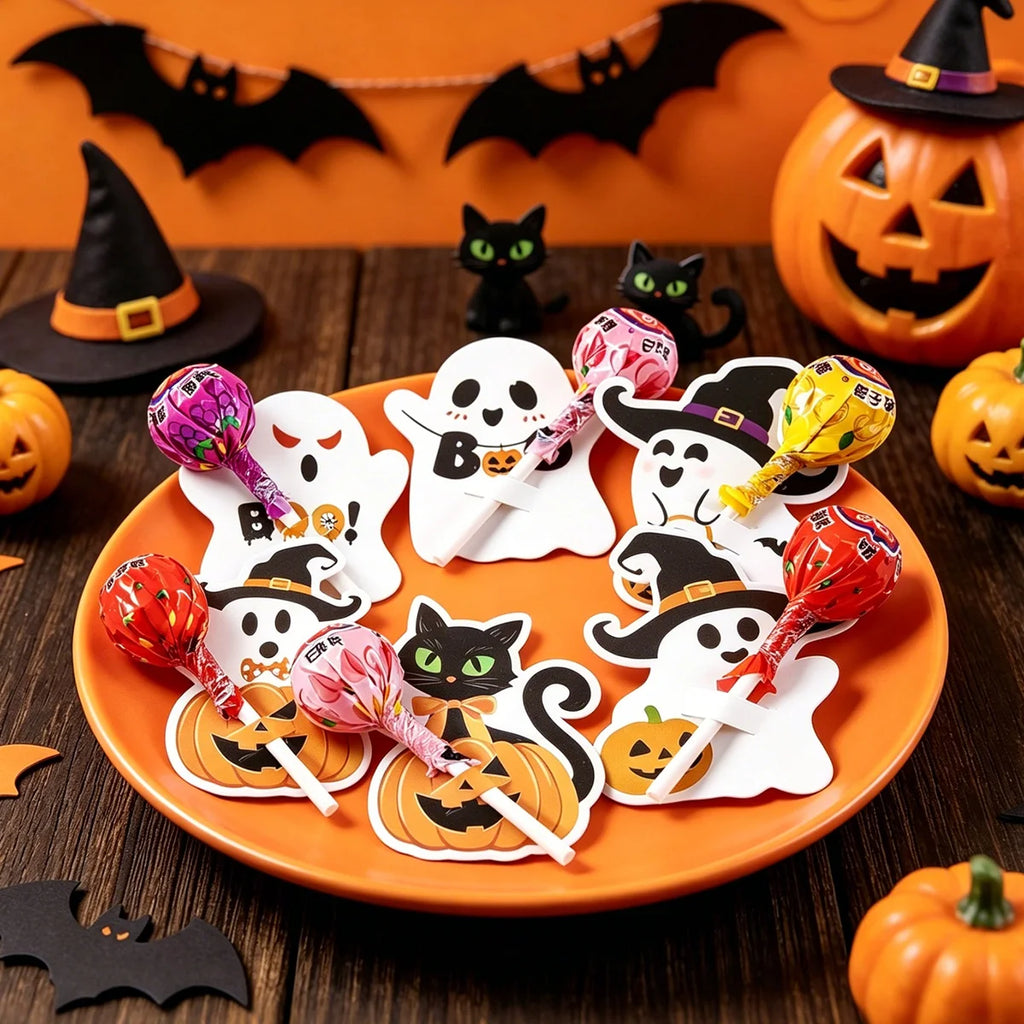 48pcs Halloween Lollipop Holder Cards Cute Pumpkin Ghost