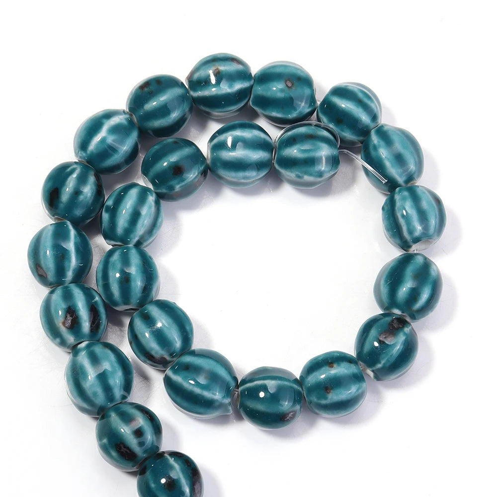 1 Strand Pumpkin Shape Stripe Ceramics Beads Colorful Floral Glaze Beads